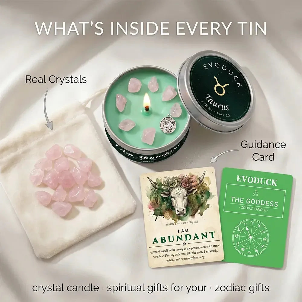 What's Inside Every Tin - Taurus Candle with real rose quartz crystals and I Am Abundant guidance card featuring a bull illustration