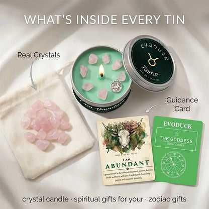 What's Inside Every Tin - Taurus Candle with real rose quartz crystals and I Am Abundant guidance card featuring a bull illustration