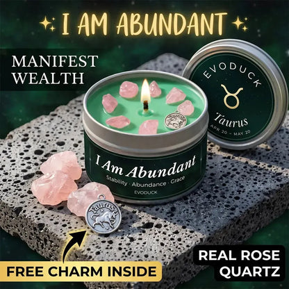 Taurus Candle I Am Abundant with rose quartz crystal chunks and Taurus charm on stone - Manifest Wealth, Real Rose Quartz, Free Charm Inside