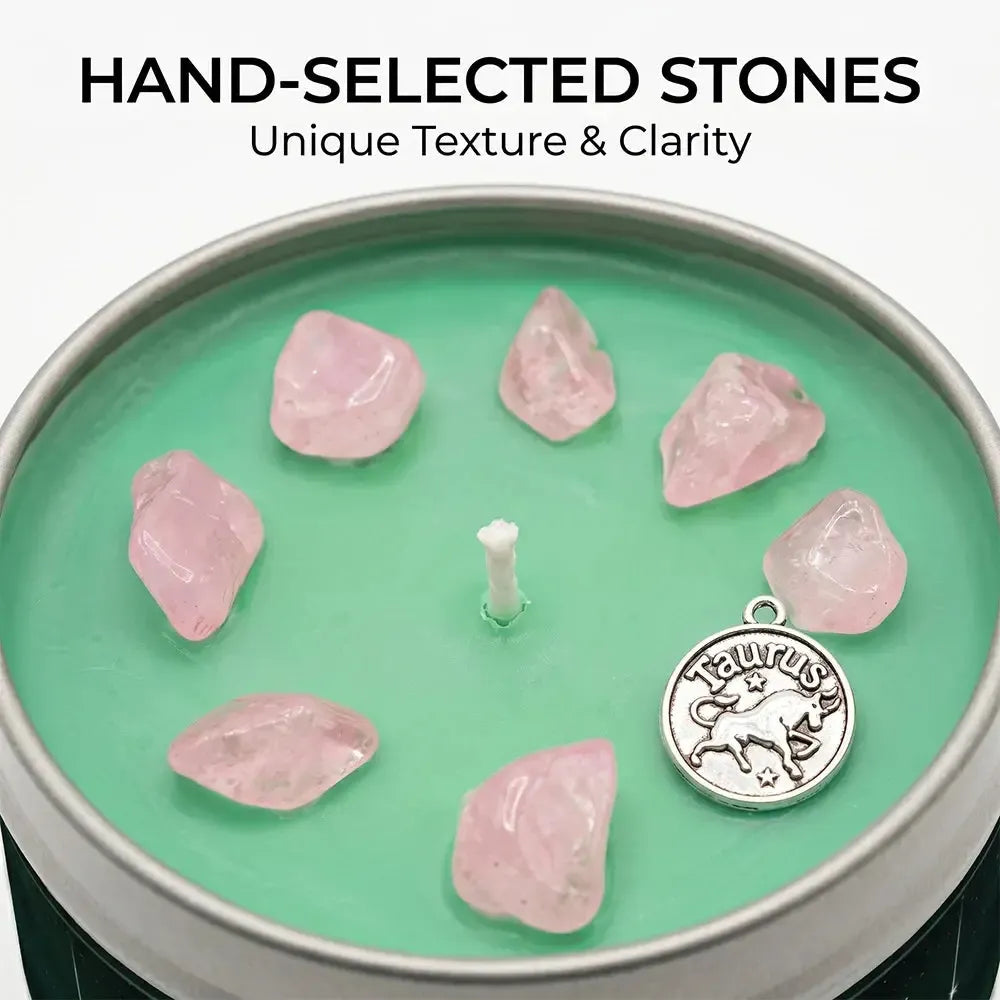 Close-up of Taurus Candle green wax with rose quartz crystal chunks and a Taurus bull charm - Hand-Selected Stones, Unique Texture and Clarity