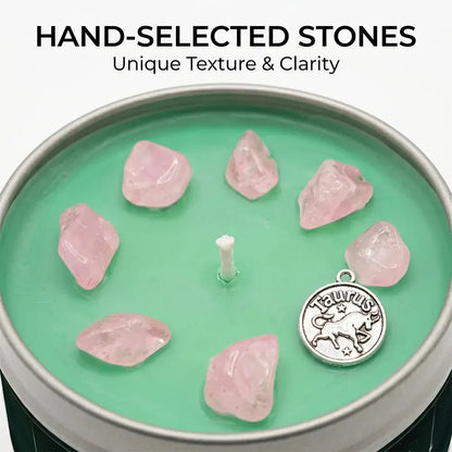 Close-up of Taurus Candle green wax with rose quartz crystal chunks and a Taurus bull charm - Hand-Selected Stones, Unique Texture and Clarity