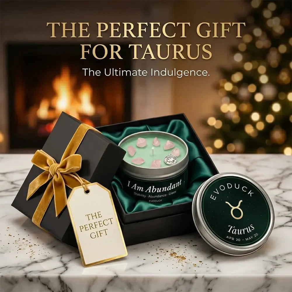 Taurus Candle gift box with gold ribbon and gift tag by a fireplace - The Perfect Gift for Taurus, The Ultimate Indulgence