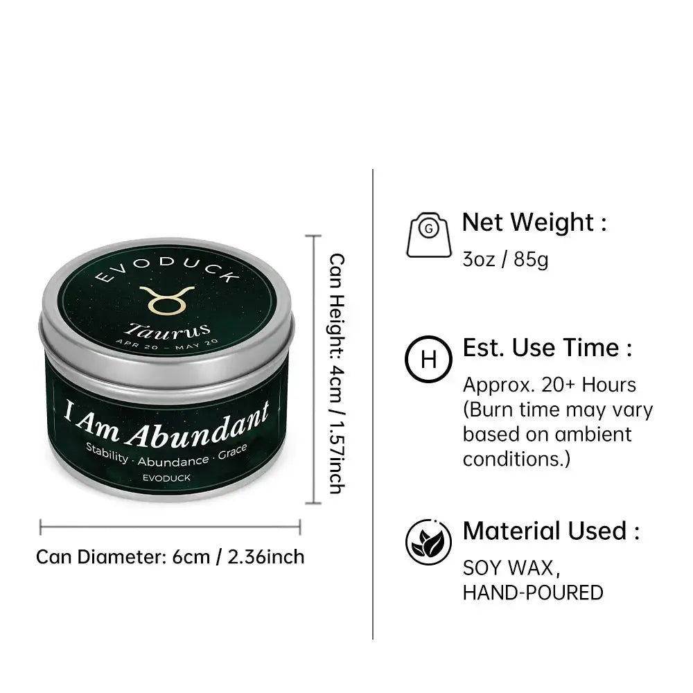 Taurus Candle size specifications infographic - 3oz soy wax candle, 20 hour burn time, hand-poured