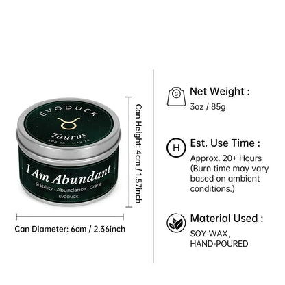 Taurus Candle size specifications infographic - 3oz soy wax candle, 20 hour burn time, hand-poured