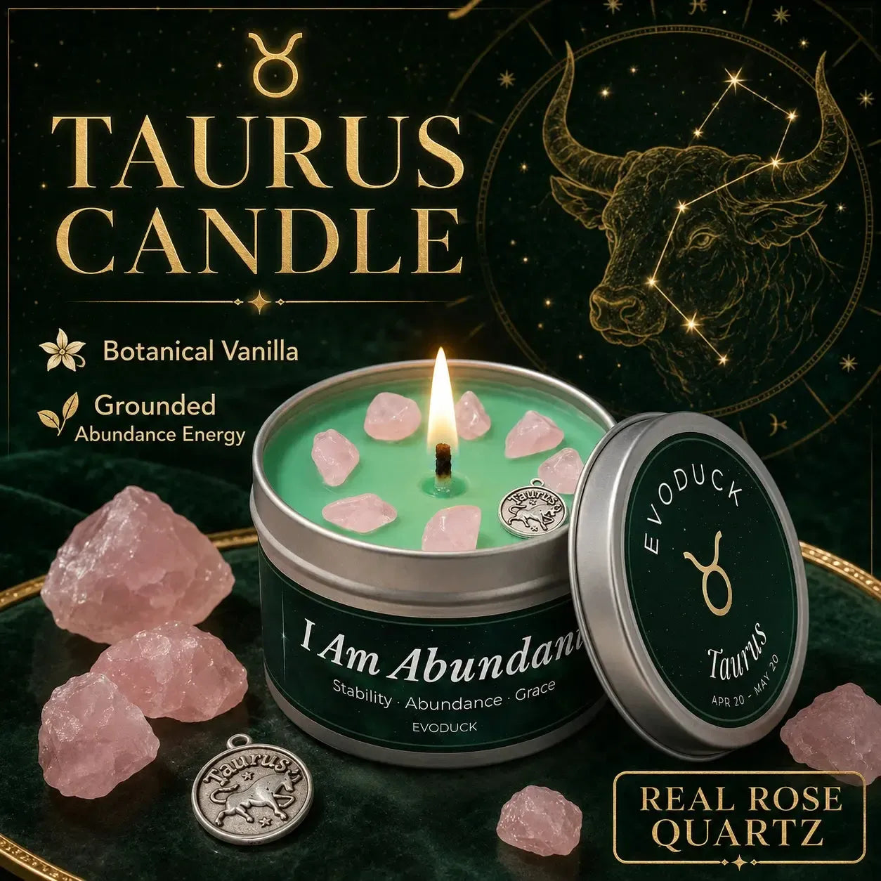 Taurus Zodiac Candle I Am Abundant with rose quartz crystals and Taurus charm - Botanical Vanilla, Grounded Abundance Energy, Real Rose Quartz