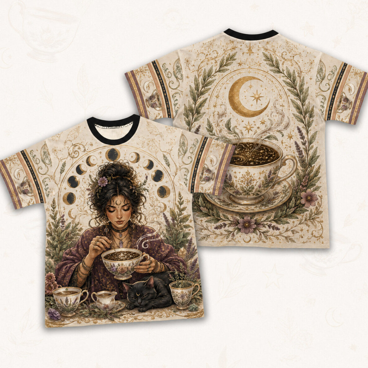 Tea Leaf Reading Witch T-Shirt Black Cat Cottage Herbal Tee front and back together