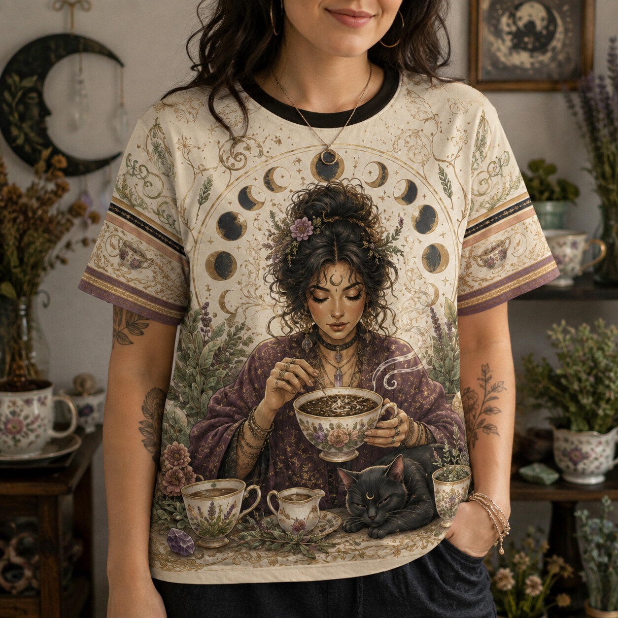 Tea Leaf Reading Witch T-Shirt Black Cat Cottage Herbal Tee worn, front view