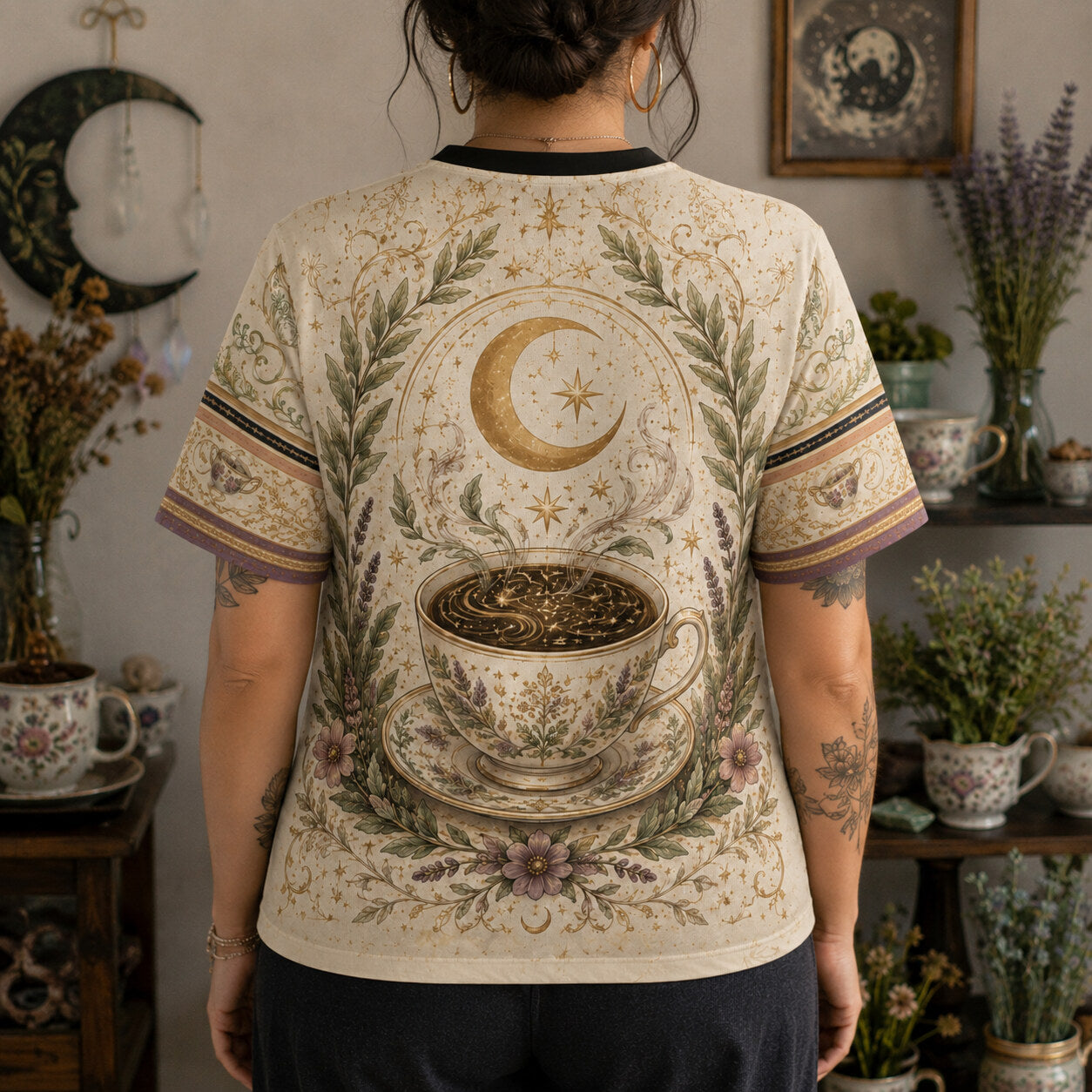 Tea Leaf Reading Witch T-Shirt Black Cat Cottage Herbal Tee worn, back view