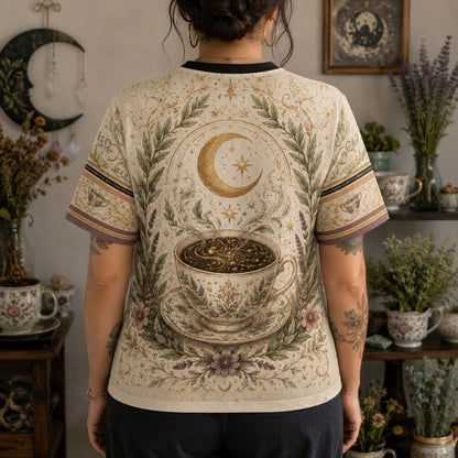Tea Leaf Reading Witch T-Shirt Black Cat Cottage Herbal Tee worn, back view