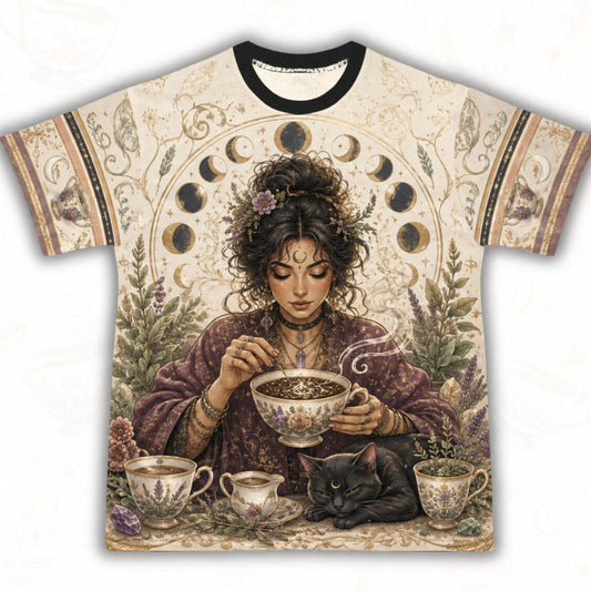 Tea Leaf Reading Witch T-Shirt Black Cat Cottage Herbal Tee front view