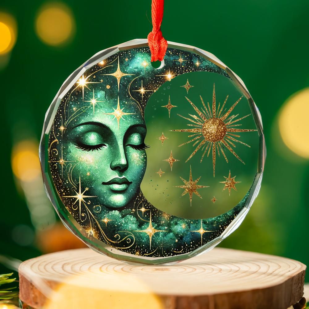 Clear glass Star Moon Goddess ornament with green crescent moon face and golden stars, hanging by a red ribbon.
