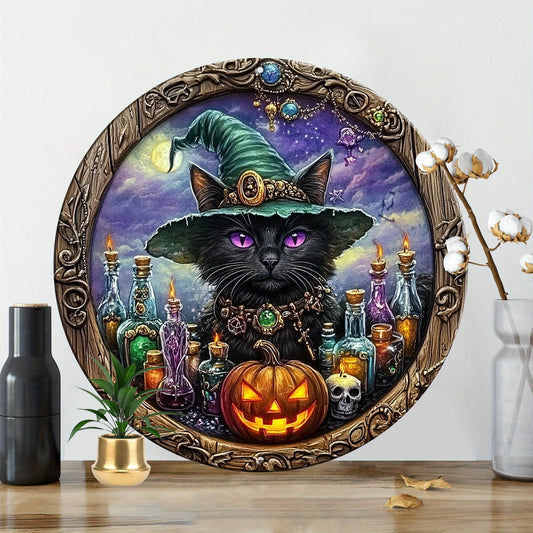 Witchy Black Cat Metal Sign for Halloween Wall Decor-MoonChildWorld