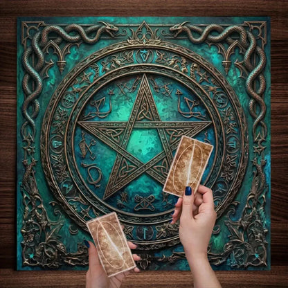 Teal pentagram ritual mat Celtic knot border – Pagan altar cloth for tarot and sacred gathering