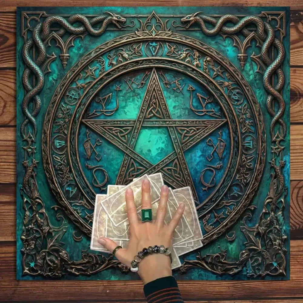 Serpent-bound pentagram teal altar cloth – witchcraft divination mat for Wiccan ceremony