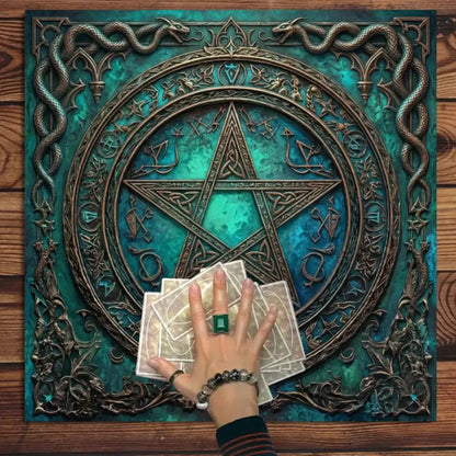 Serpent-bound pentagram teal altar cloth – witchcraft divination mat for Wiccan ceremony