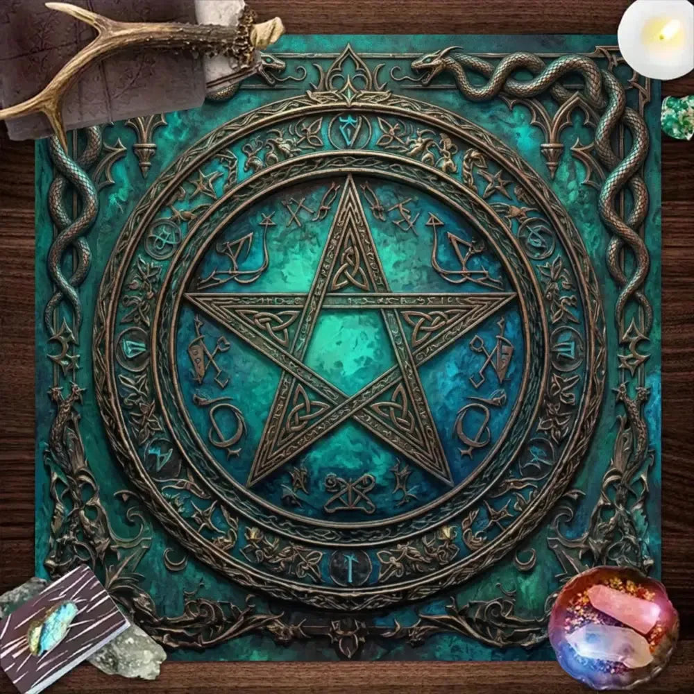 Teal Pentagram Altar Cloth with Celtic knots and serpent rune circle – Wiccan ritual tarot mat