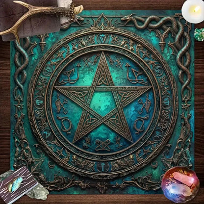 Teal Pentagram Altar Cloth with Celtic knots and serpent rune circle – Wiccan ritual tarot mat