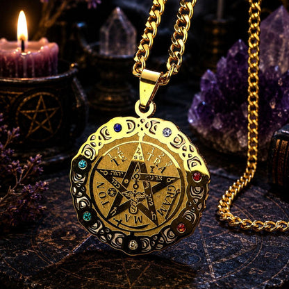 Gold pendant necklace with star design on a mystical background with candles and crystals.