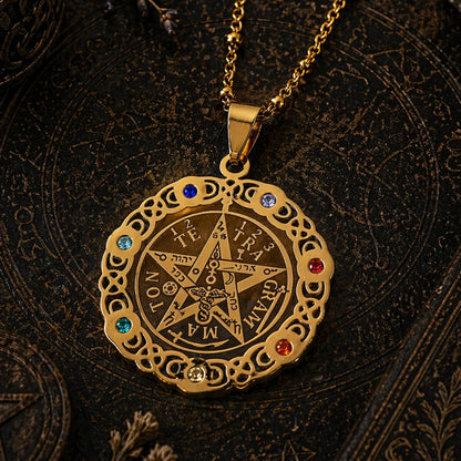 Tetragrammaton Pentagram 7 Chakra Necklace – Stainless Steel Rhinestone Wiccan Amulet-MoonChildWorld
