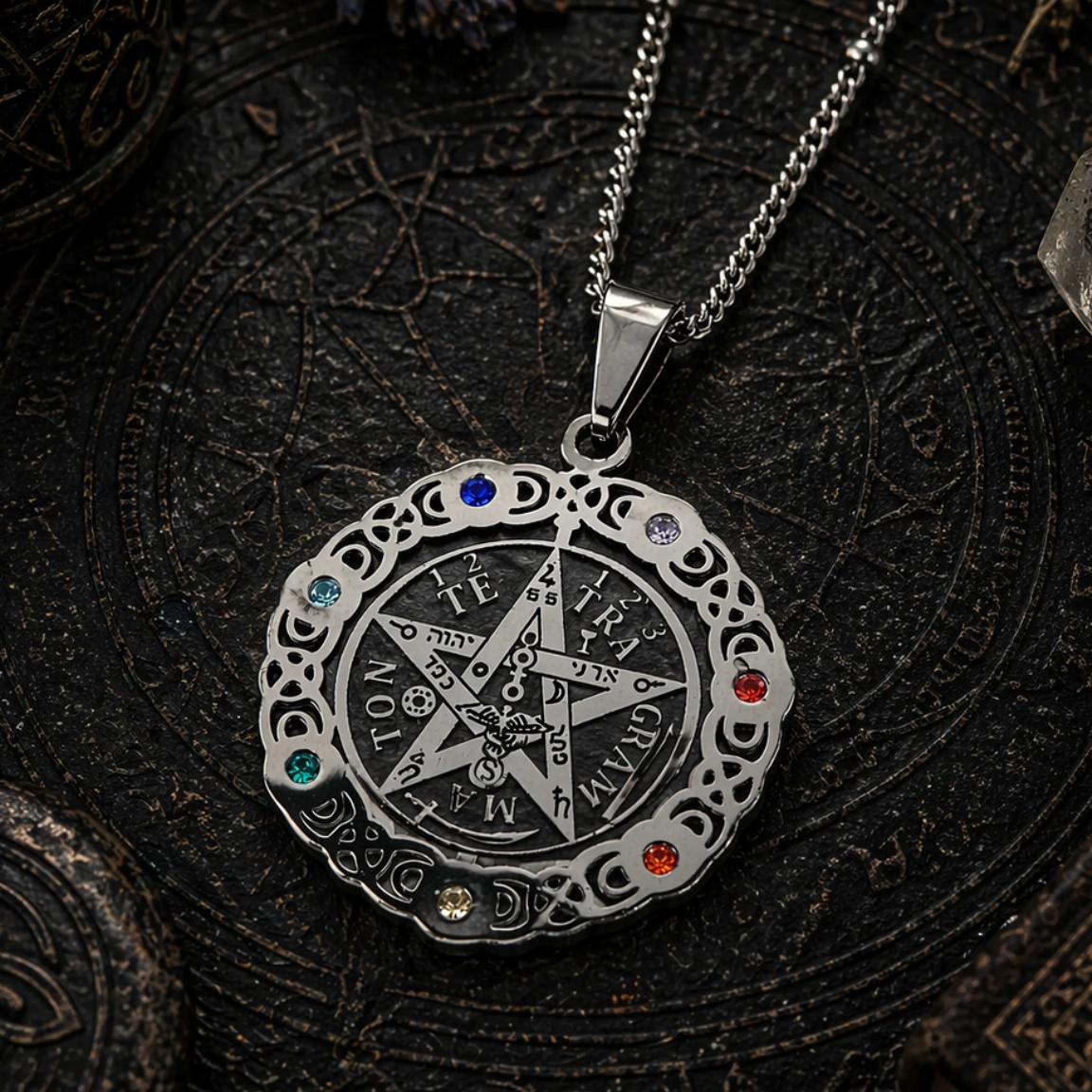 Tetragrammaton Pentagram 7 Chakra Necklace – Stainless Steel Rhinestone Wiccan Amulet-MoonChildWorld