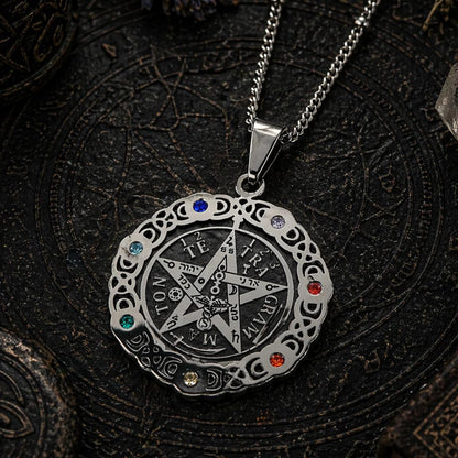 Tetragrammaton Pentagram 7 Chakra Necklace – Stainless Steel Rhinestone Wiccan Amulet-MoonChildWorld