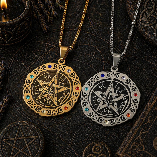 Tetragrammaton Pentagram 7 Chakra Necklace – Stainless Steel Rhinestone Wiccan Amulet-MoonChildWorld
