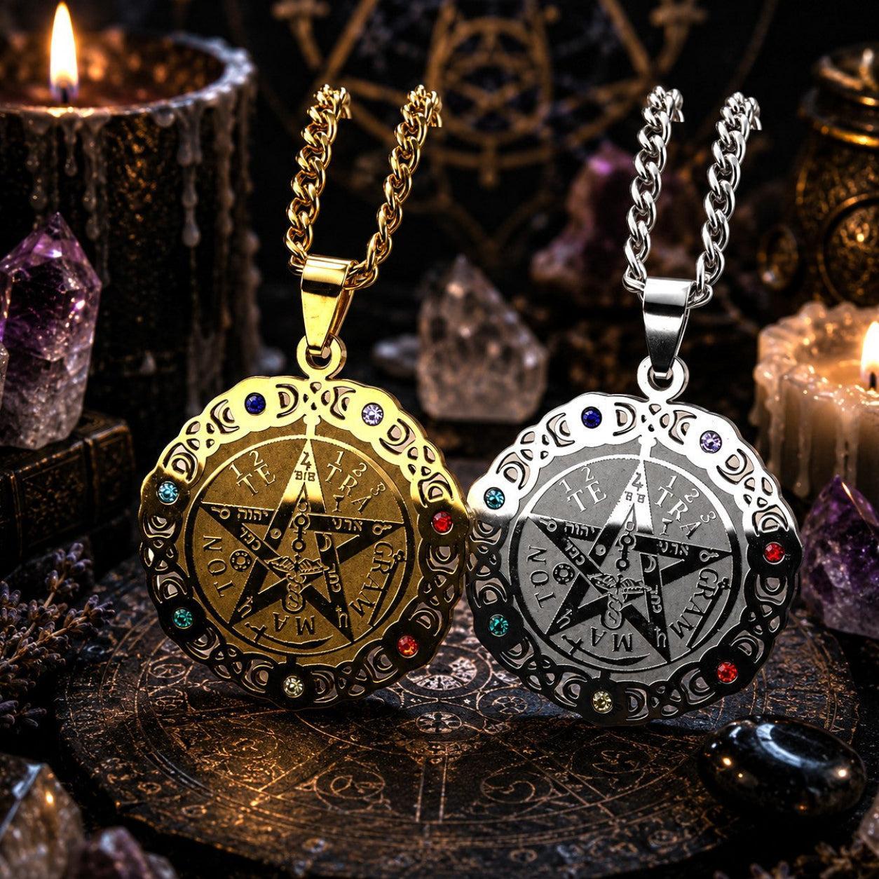 Two celestial pendants on chains against a mystical background with candles and crystals.