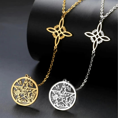 Gold and silver stainless steel Witch Knot Tetragrammaton necklaces with pentagram and Celtic knot designs.