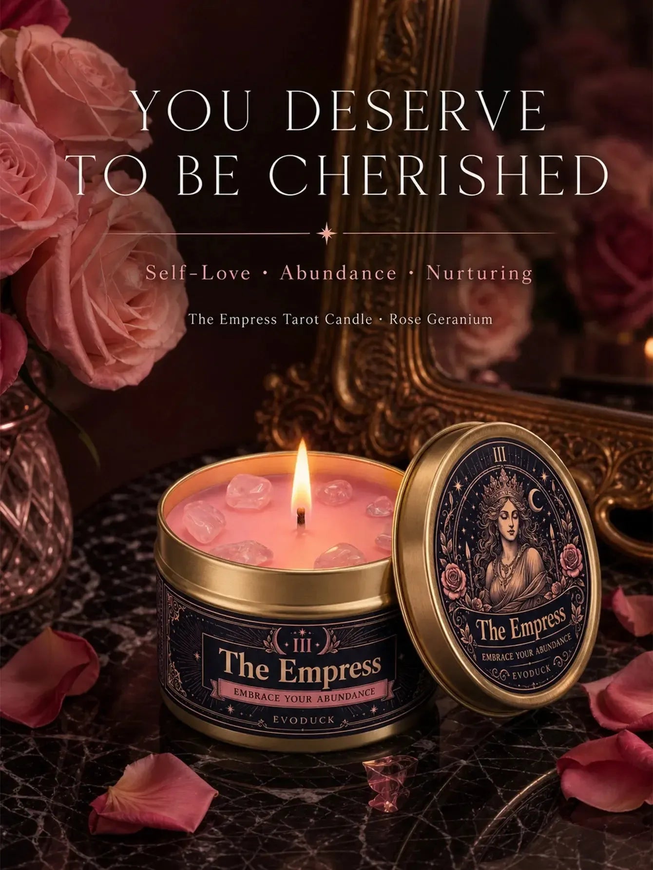 The Empress Tarot Candle – Rose Geranium Scented Rose Quartz Candle-MoonChildWorld