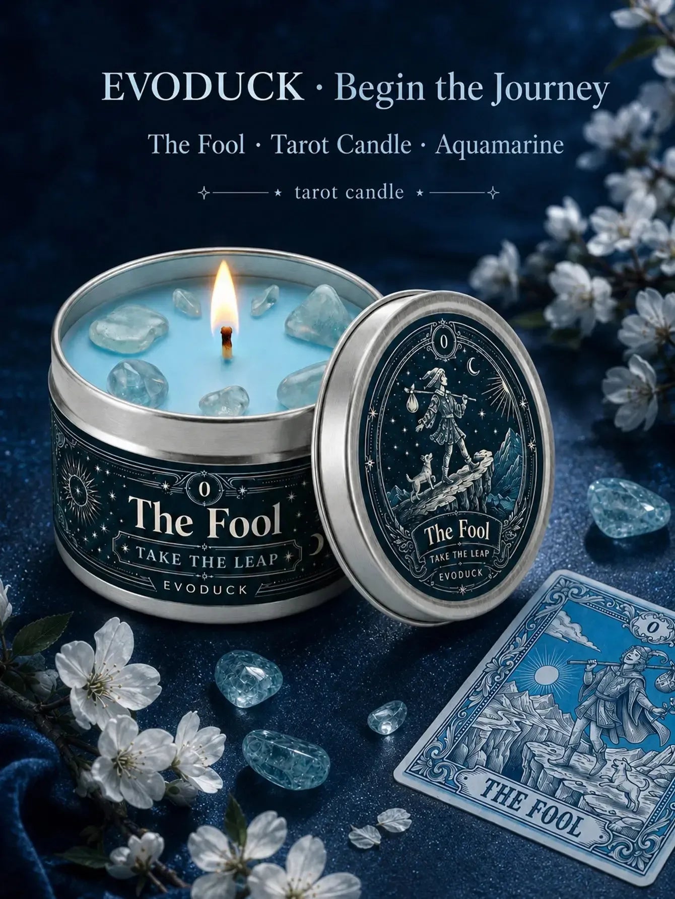 The Fool Tarot Candle – Bergamot White Blossom Scented Crystal Candle-MoonChildWorld