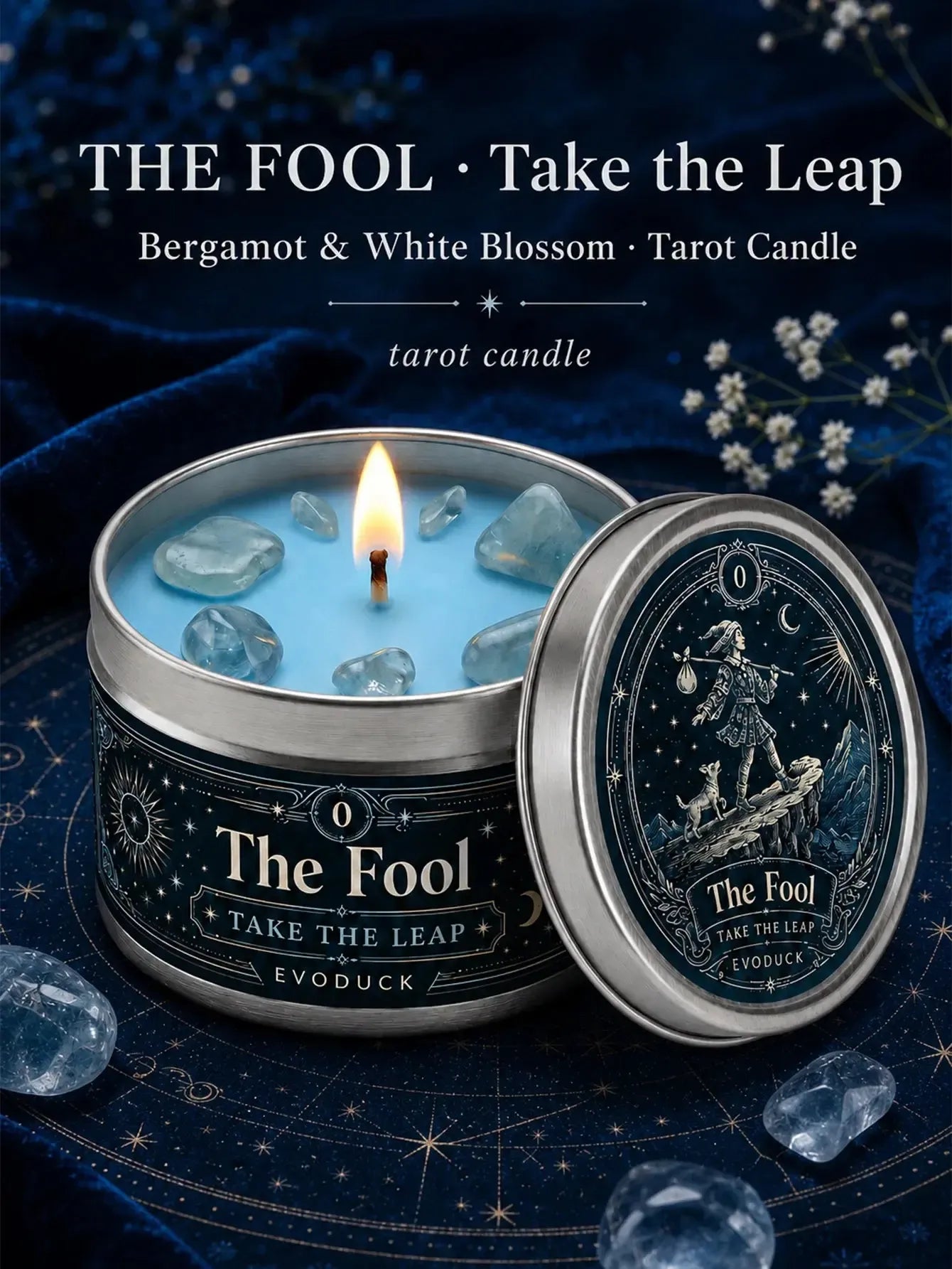 The Fool Tarot Candle – Bergamot White Blossom Scented Crystal Candle-MoonChildWorld