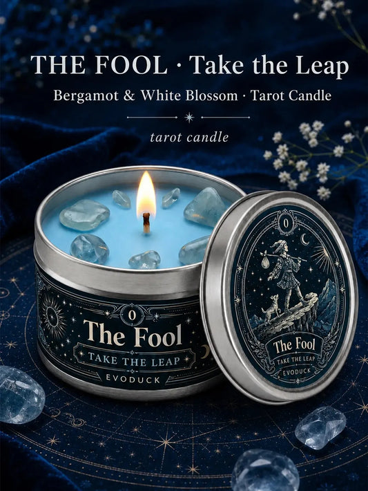 The Fool Tarot Candle – Bergamot White Blossom Scented Crystal Candle-MoonChildWorld