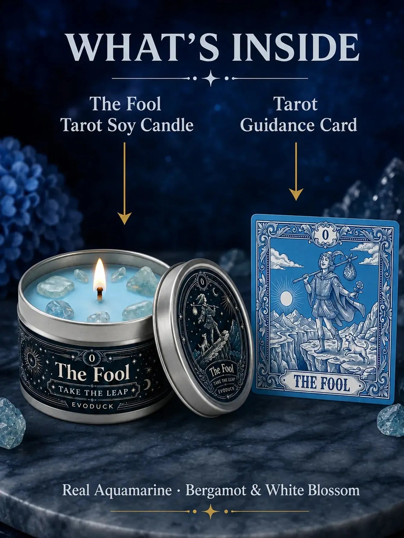 The Fool Tarot Candle – Bergamot White Blossom Scented Crystal Candle-MoonChildWorld