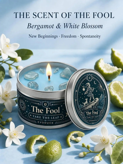 The Fool Tarot Candle – Bergamot White Blossom Scented Crystal Candle-MoonChildWorld