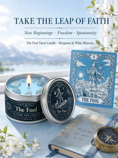 The Fool Tarot Candle – Bergamot White Blossom Scented Crystal Candle-MoonChildWorld