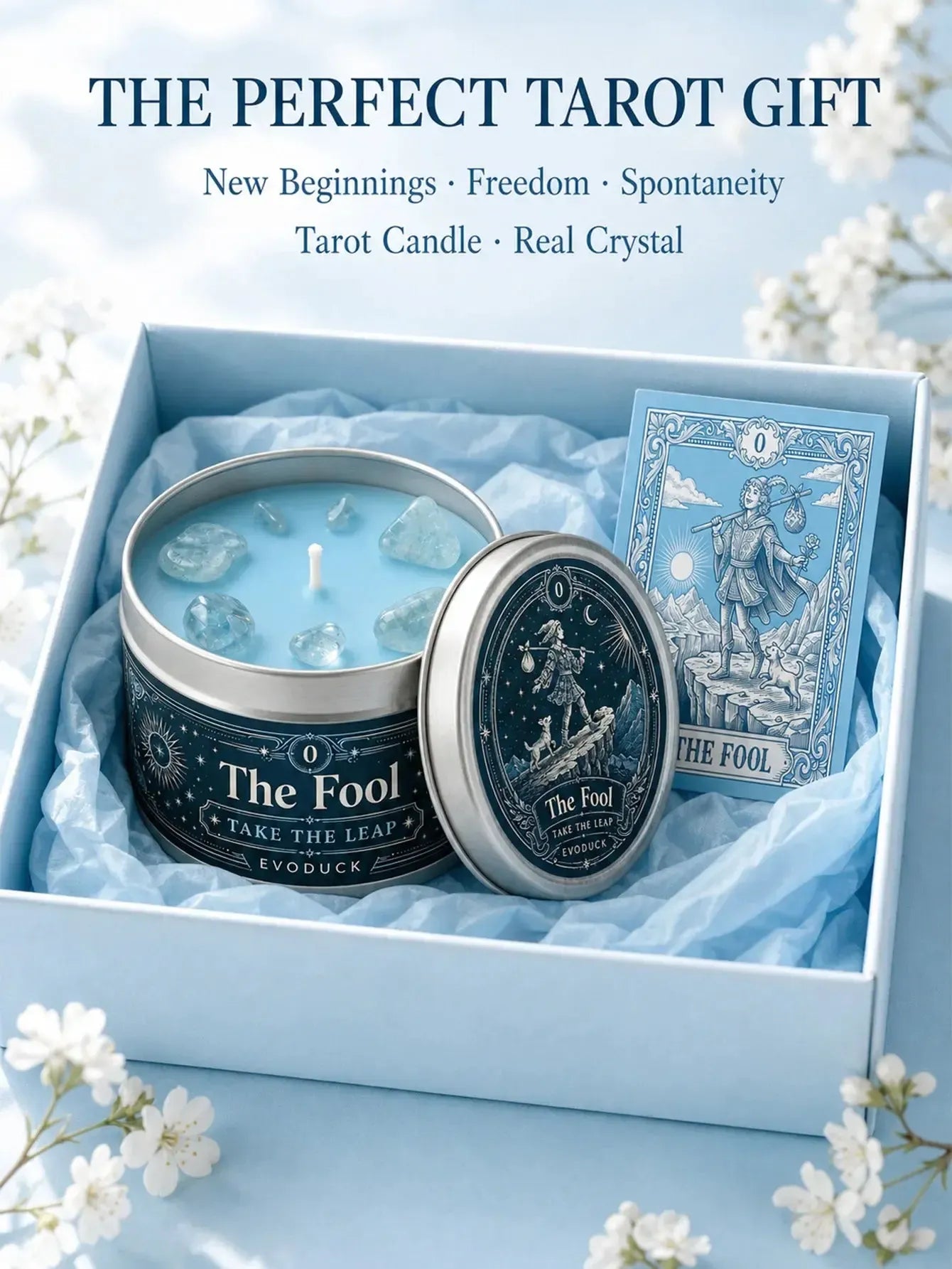 The Fool Tarot Candle – Bergamot White Blossom Scented Crystal Candle-MoonChildWorld