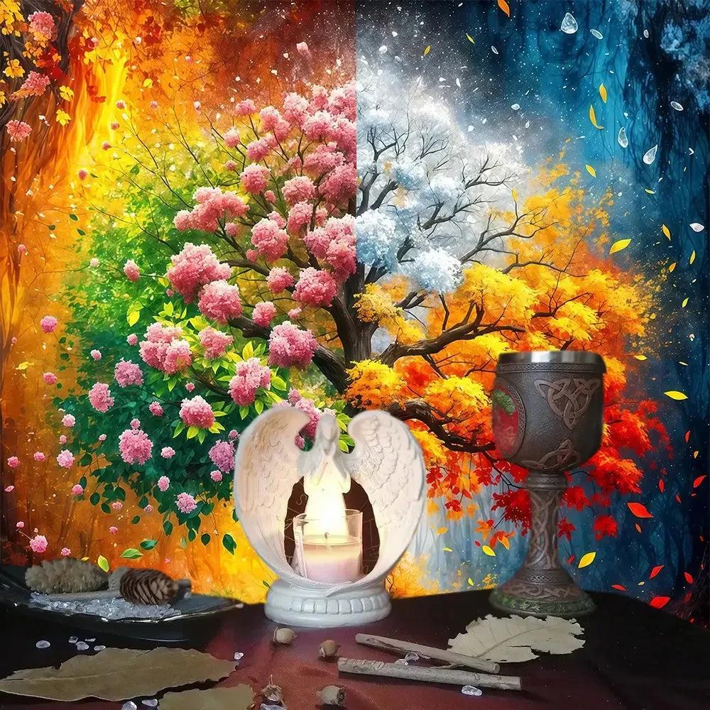 The Four Seasons Tree Of life Tarot Card Tablecloth Wicca Altar Cloth Pagan Pendulum Witchcraft Astrology Card Mat-MoonChildWorld