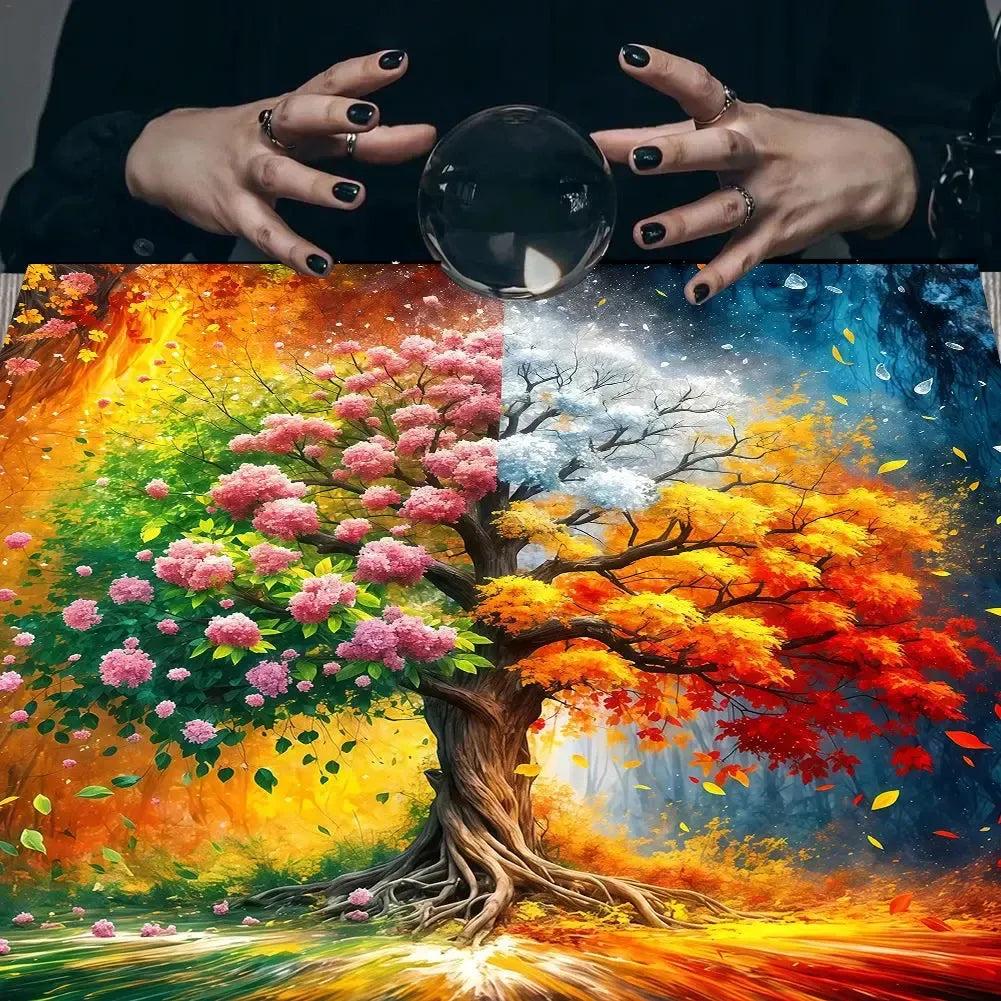 The Four Seasons Tree Of life Tarot Card Tablecloth Wicca Altar Cloth Pagan Pendulum Witchcraft Astrology Card Mat-MoonChildWorld