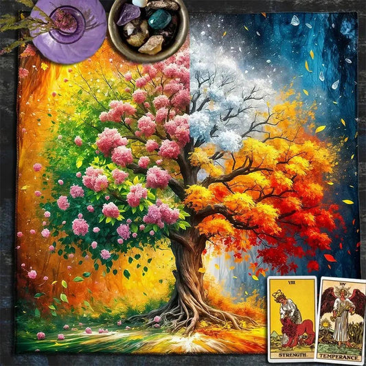 The Four Seasons Tree Of life Tarot Card Tablecloth Wicca Altar Cloth Pagan Pendulum Witchcraft Astrology Card Mat-MoonChildWorld