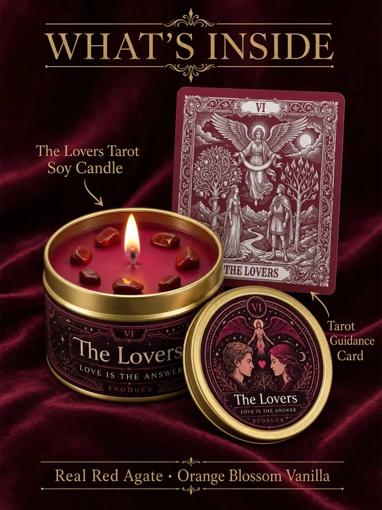 The Lovers Tarot Candle – Orange Blossom Vanilla Scented Crystal Candle-MoonChildWorld