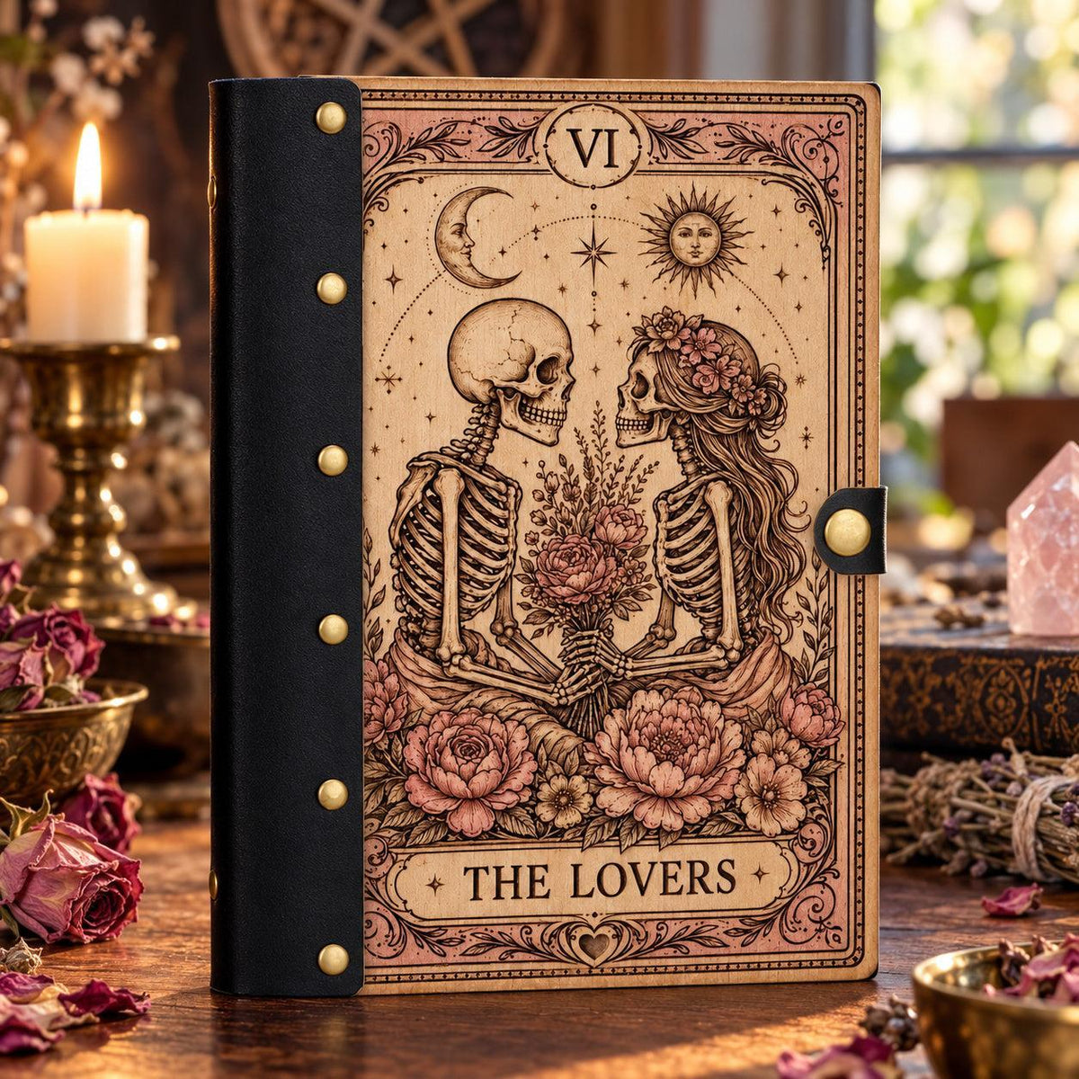 The Lovers Tarot Skeleton Journal on a candlelit pagan ritual altar