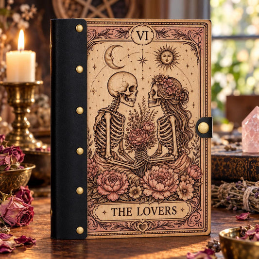 The Lovers Tarot Skeleton Journal on a candlelit pagan ritual altar