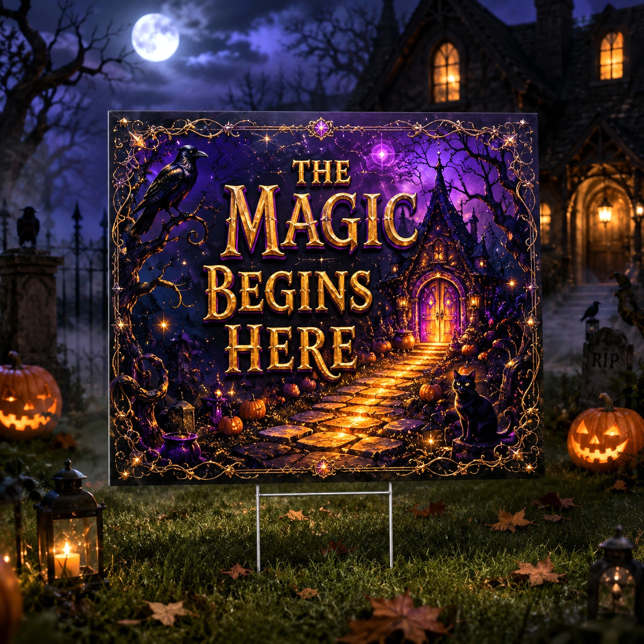 The Magic Begins Here Halloween Yard Sign - front view