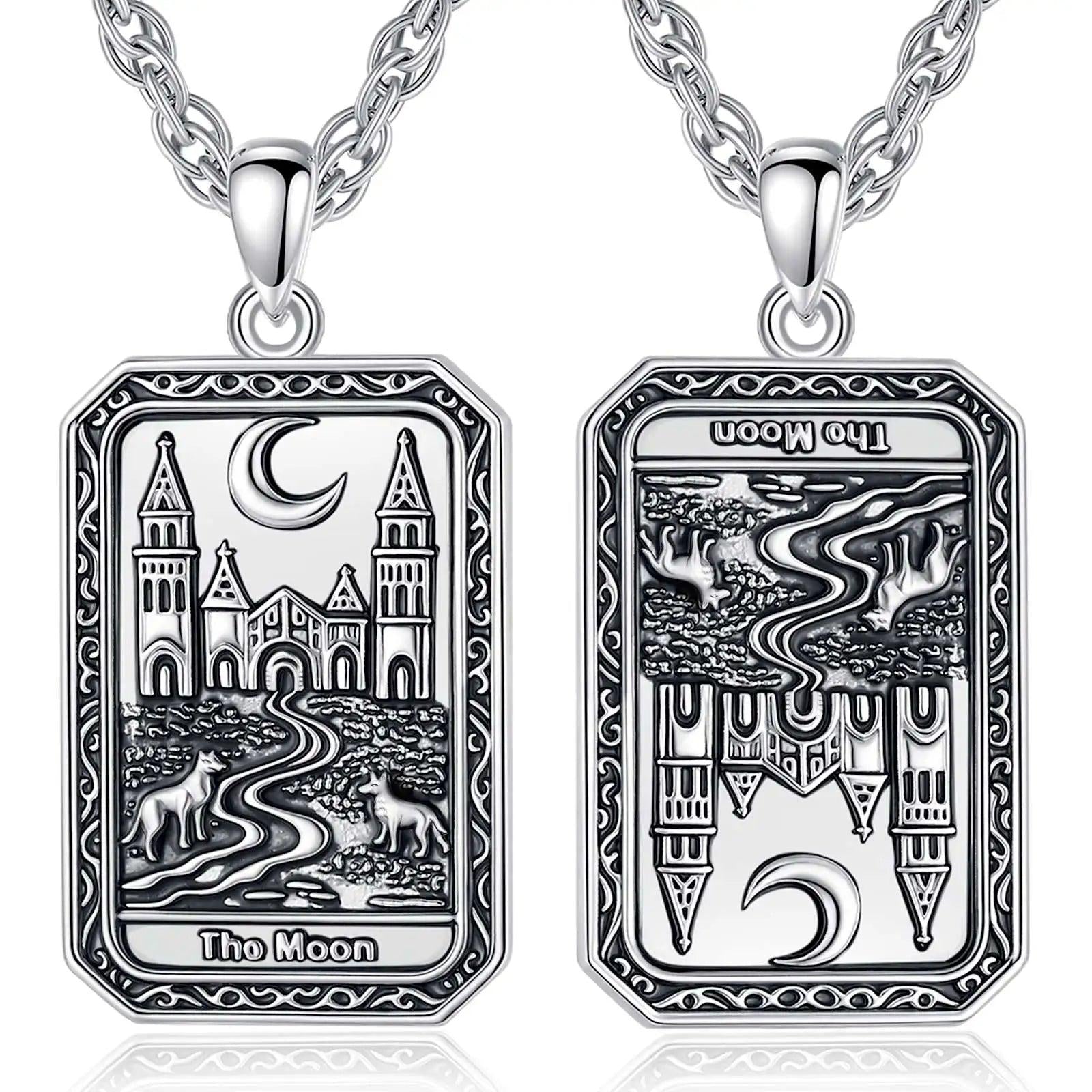 Silver "The Moon" Tarot card necklace, detailed rectangular pendant with chain.