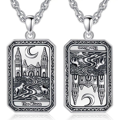 Silver "The Moon" Tarot card necklace, detailed rectangular pendant with chain.