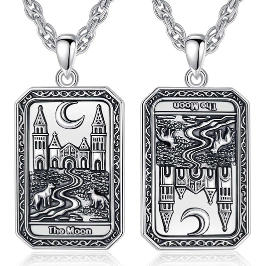 Silver "The Moon" Tarot card necklace, detailed rectangular pendant with chain.