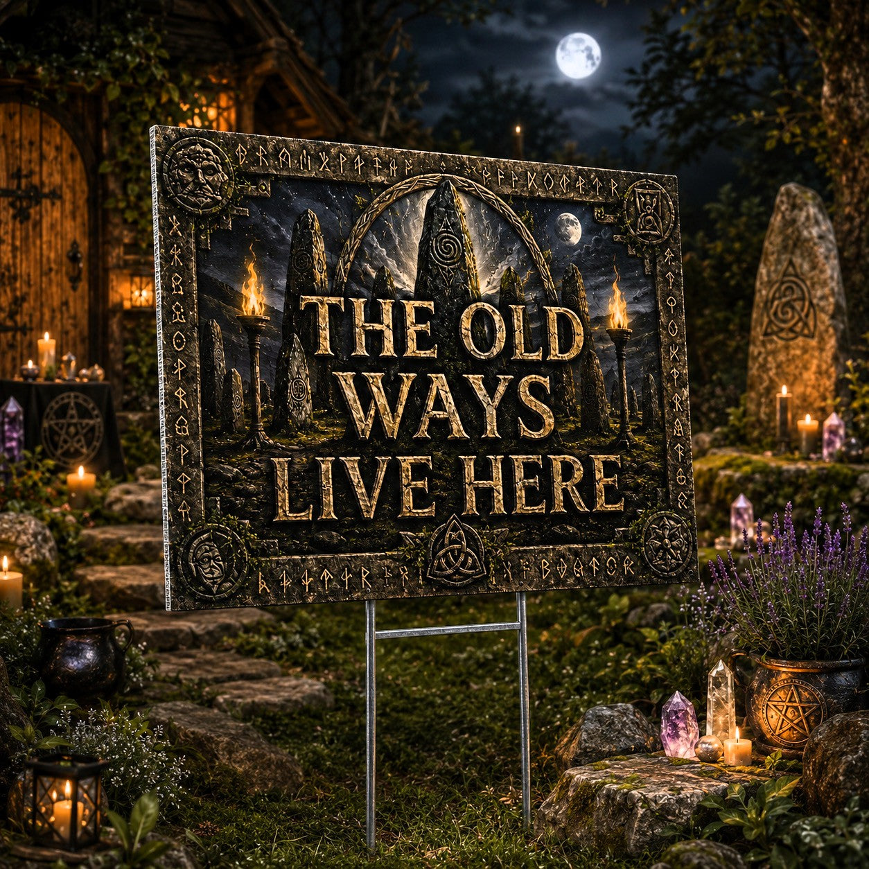 The Old Ways Live Here Ancient Runes Wicca Yard Sign - garden display