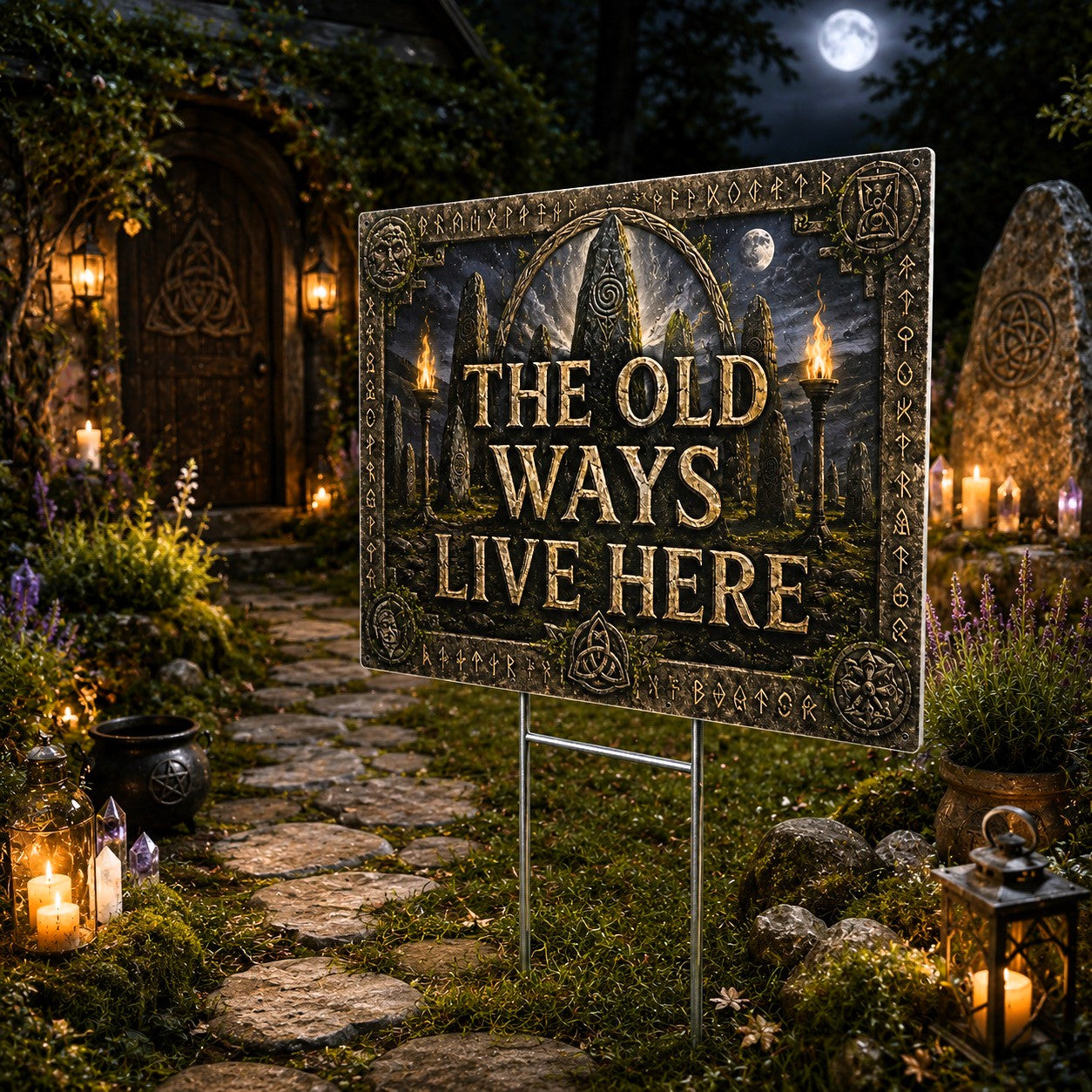 The Old Ways Live Here Ancient Runes Wicca Yard Sign - close up detail