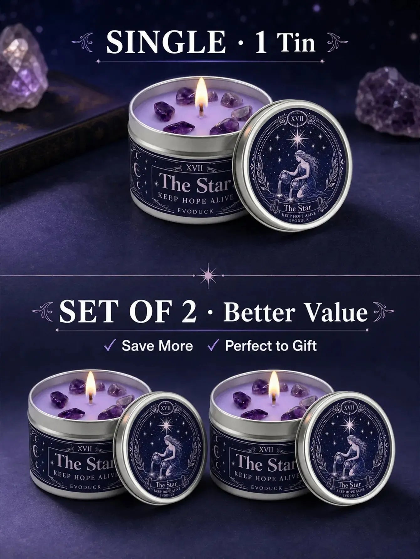 The Star Tarot Candle – Water Lily Lilac Scented Amethyst Candle-MoonChildWorld