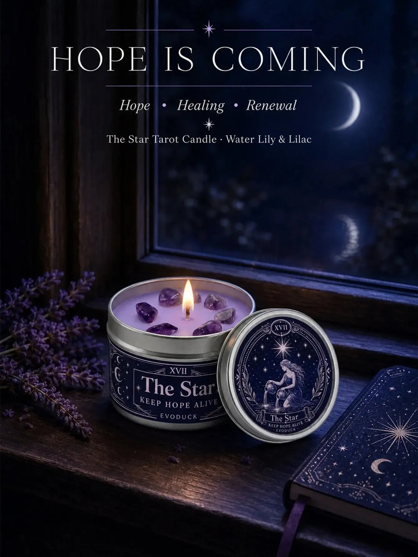 The Star Tarot Candle – Water Lily Lilac Scented Amethyst Candle-MoonChildWorld